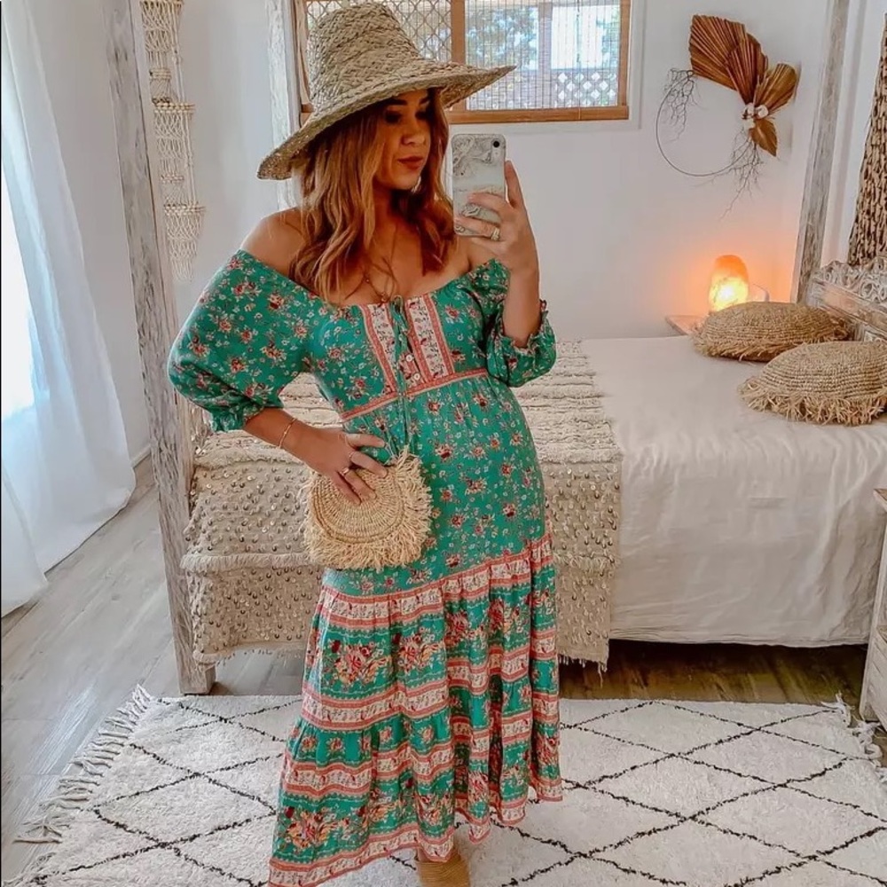 SOLD OUT Turquoise Floral Short Sleeve Off Shoulder Dress - Picture 2 of 6